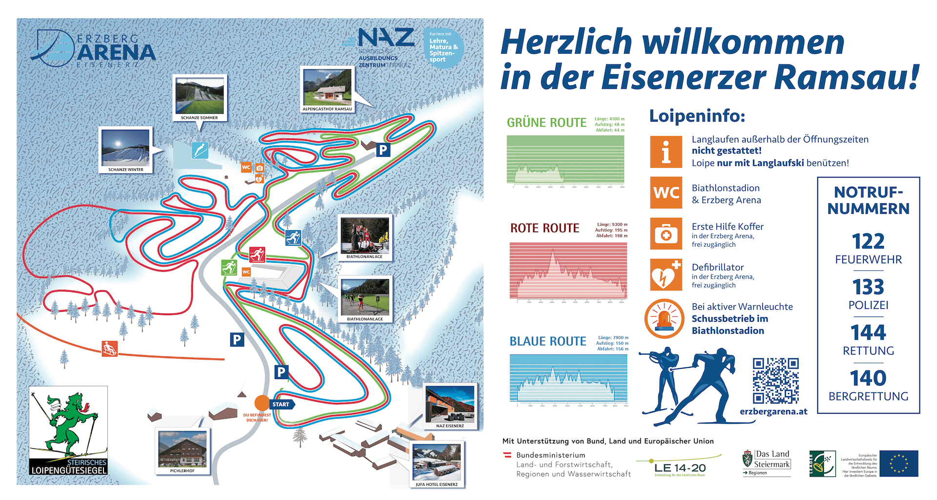 Karte der Langlaufschule Erzberg Arena mit grüner, roter und blauer Route, wichtigen Standorten, Notrufnummern und Informationen.